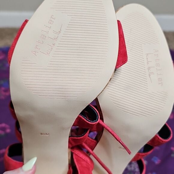 NEW Nicole Miller Artelier 8.5 Tate Red Lace Up Suede Strappy Heels Cork - Picture 8 of 10